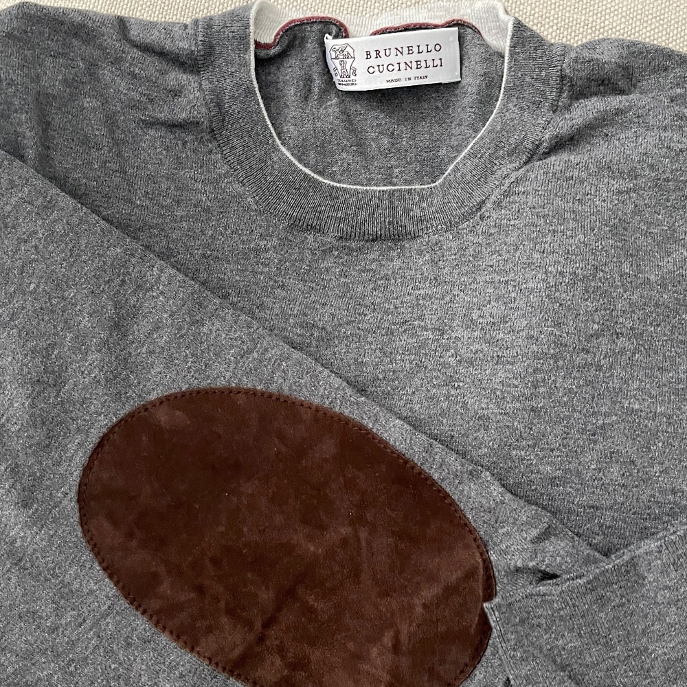 SOLD Brunello Cucinelli Suede Elbow Patch Crew Sweater